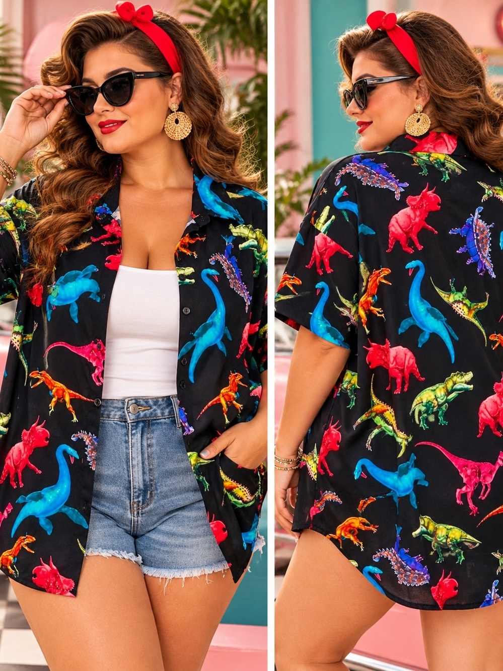 MODCLOTH JURASSIC POP DINOSAUR BUTTON-UP SHIRT SZ 2X
